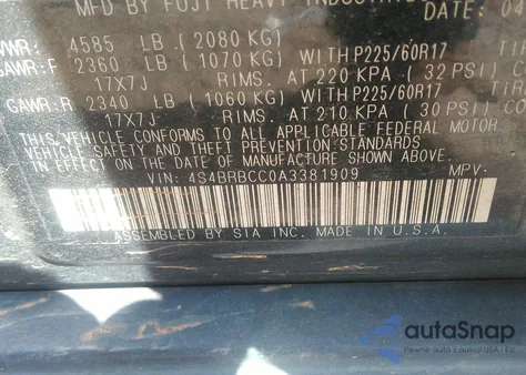 2010 Subaru Outback 2.5I Premium из США, поврежденный, VIN 4S4BRBCC0A3381909